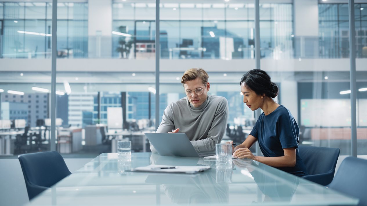 two employees looking at laptop in an office