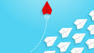 an illustration of a red airplane breaking away from a pack of other planes representing an improvement in customer service