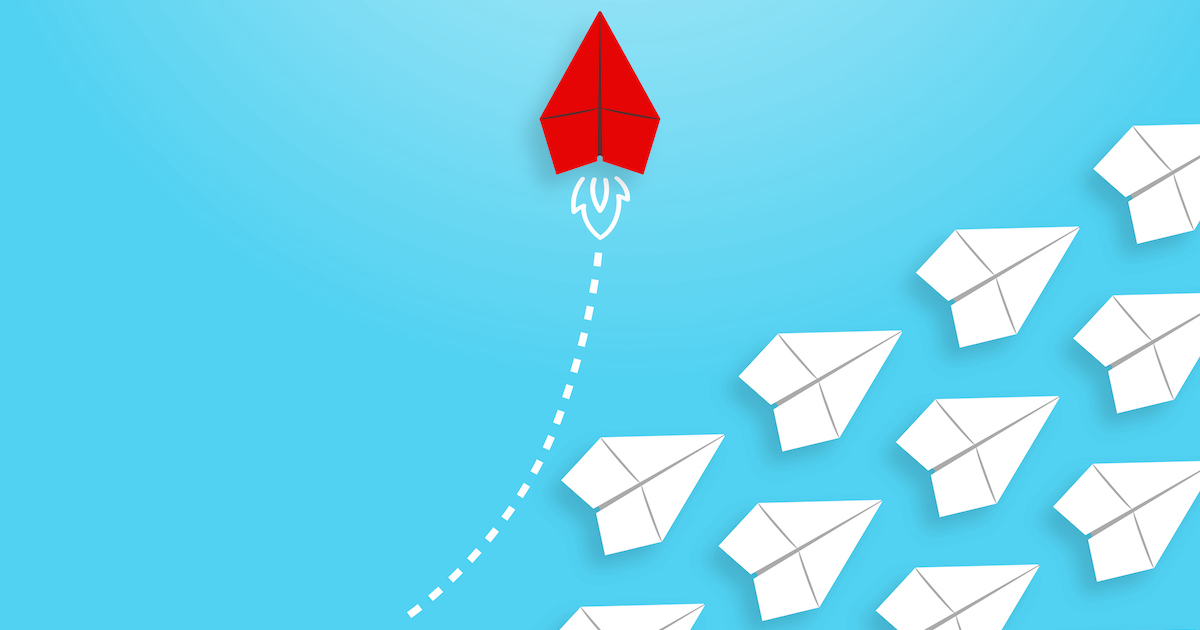 an illustration of a red airplane breaking away from a pack of other planes representing an improvement in customer service