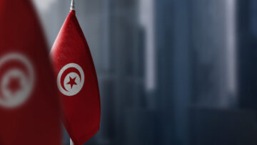 Tunisia flags inside of a Tunisian call center