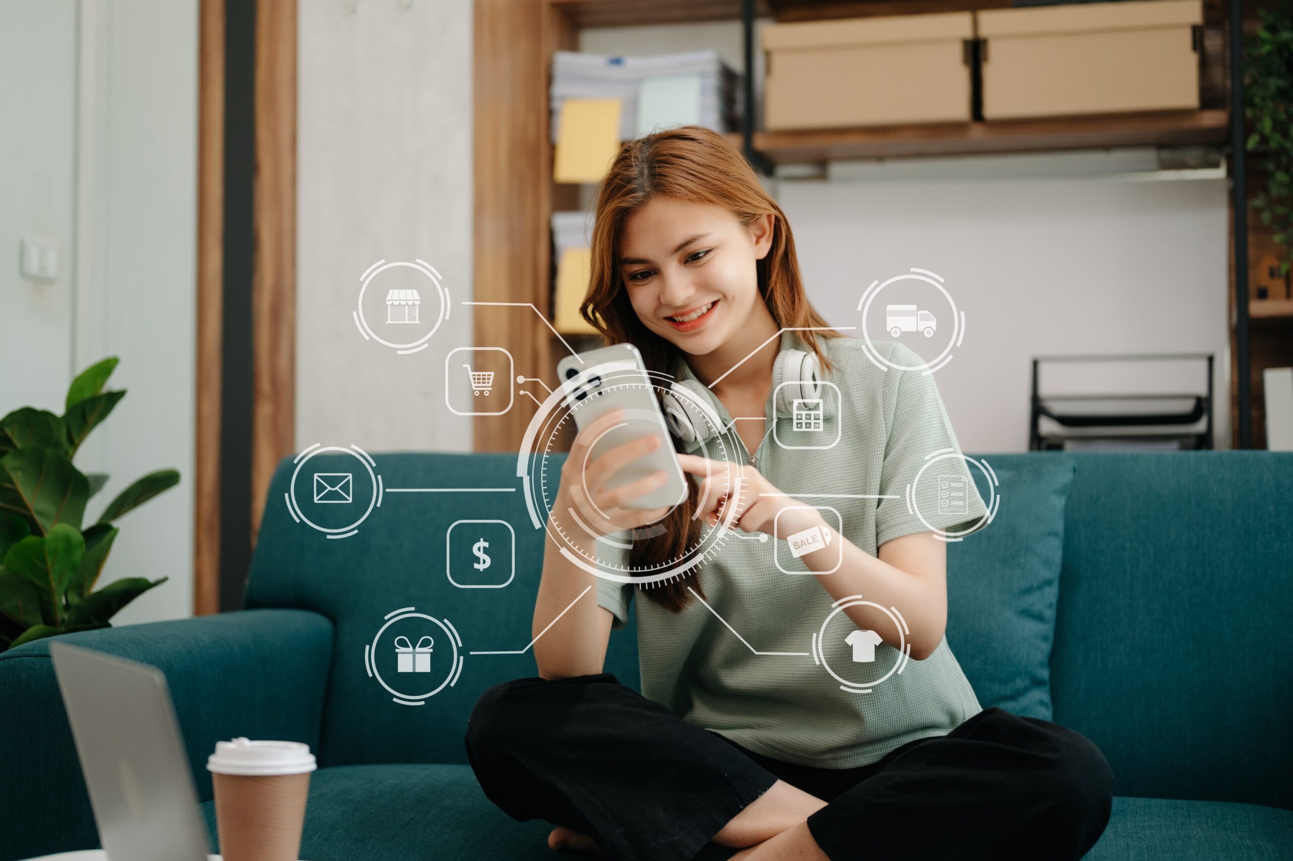 A customer sits on her couch and smiles at her phone, with a web of communication channels emerging from the phone.