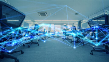 A modern-looking contact center with a network of blue lights superimposed to symbolize its modern tech and connectedness.