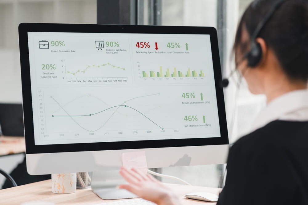 call center agent with speech analytics dashboard